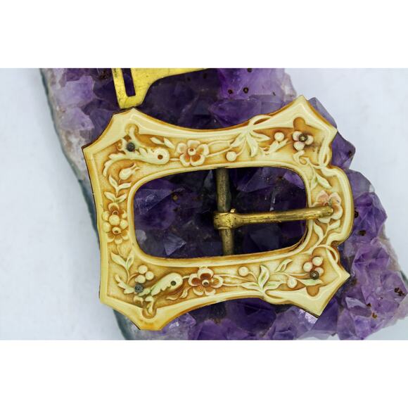 Antique Brass and Celluloid Bird and Floral Sash Belt Buckle